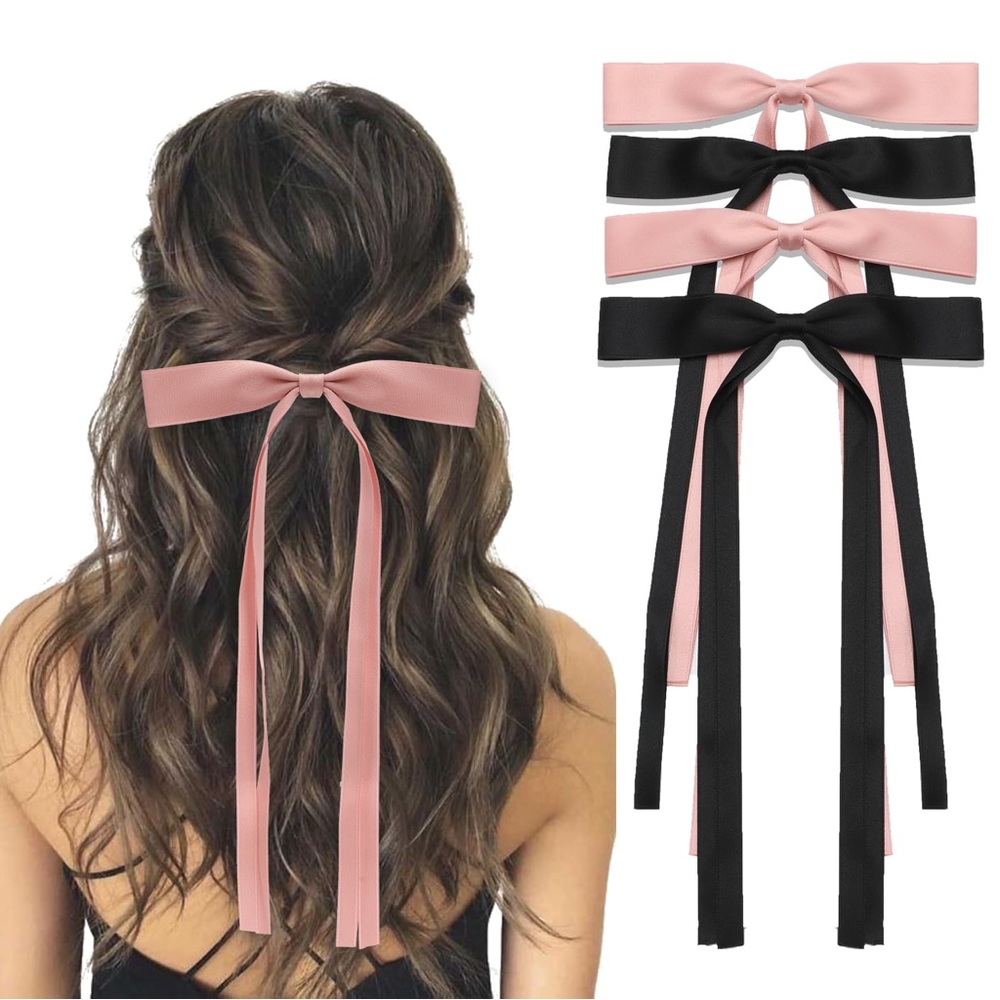 4PCS Hair Bow Clips Women, Satin Hair Ribbon Hair Bows w/ Long Tail
